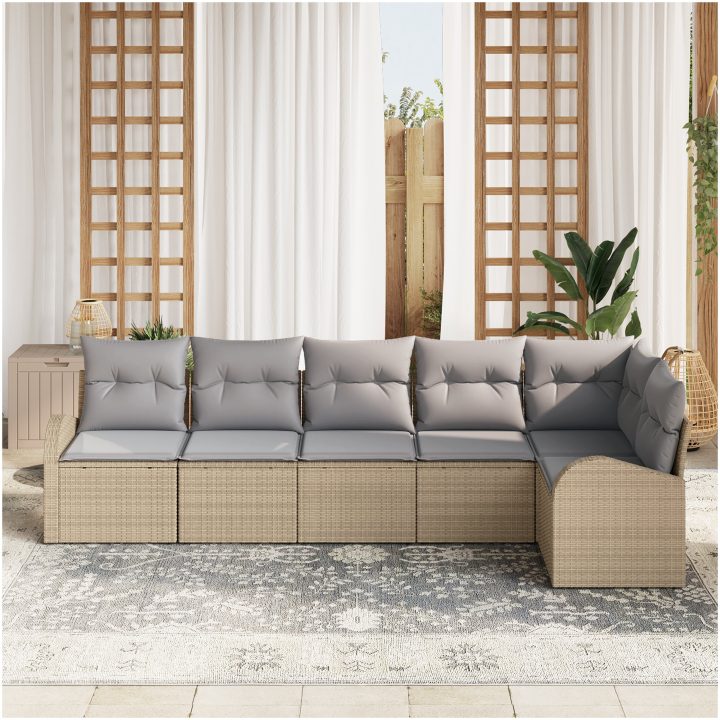 6-delat Trädgårdsoffan Set med Kuddar Beige Polyrotting vidaXL 289 x 124 x 85 cm – bild 3