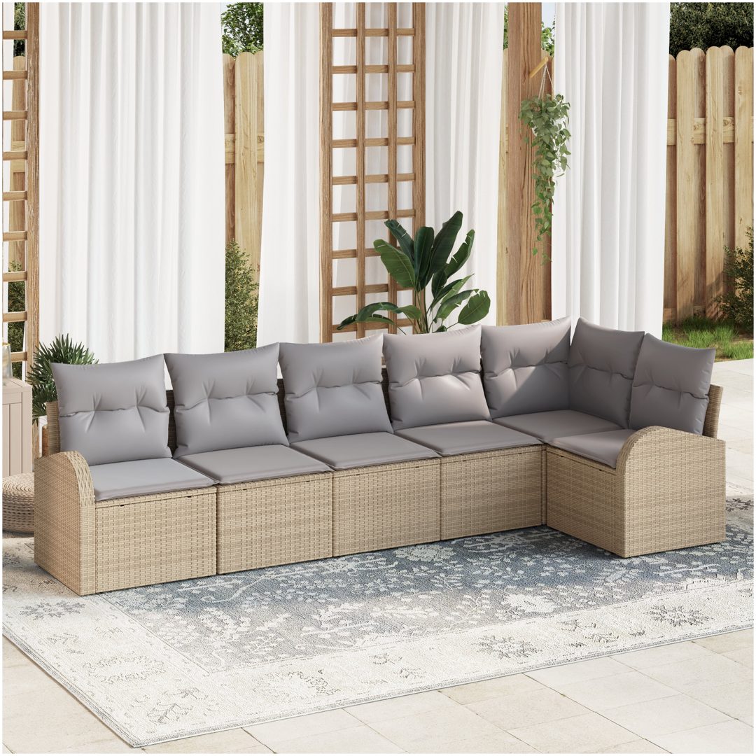 6-delat Trädgårdsoffan Set med Kuddar Beige Polyrotting vidaXL 289 x 124 x 85 cm
