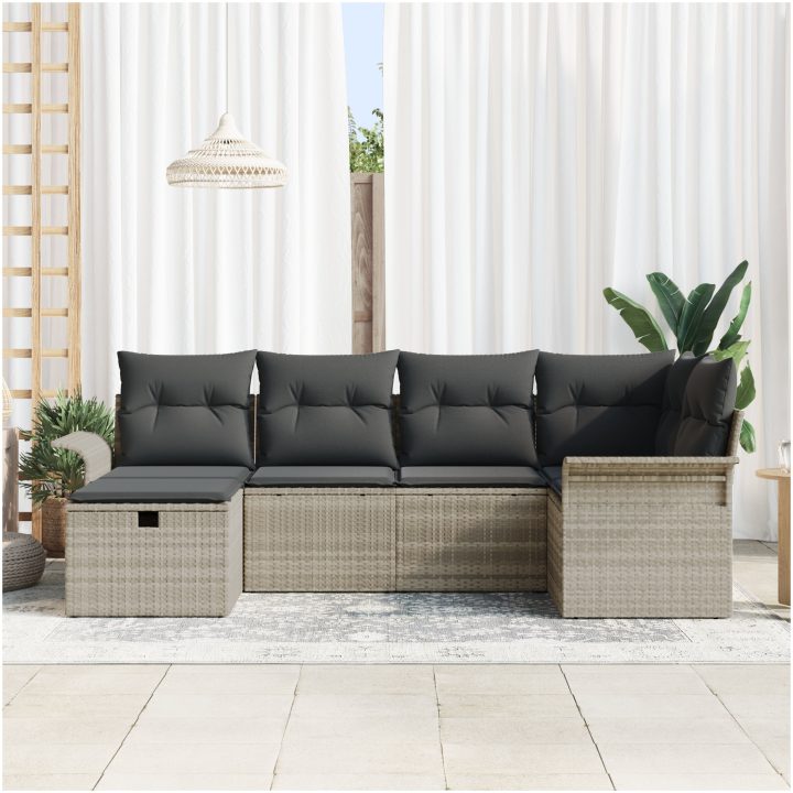 6-delat Trädgårdsoffanset med kuddar Ljusgrå Poly Rotting vidaXL 242.5 x 132.5 x 85 cm – bild 3