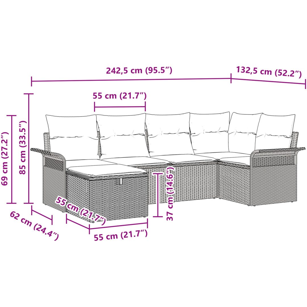 6-delat Trädgårdsoffanset med kuddar Ljusgrå Poly Rotting vidaXL 242.5 x 132.5 x 85 cm – bild 10