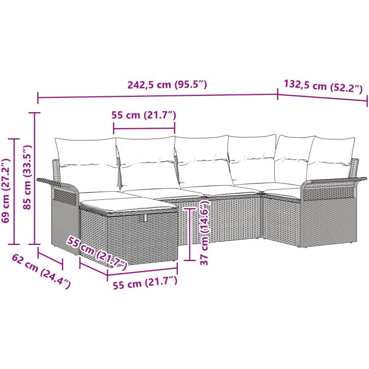 6-delat Trädgårdsoffanset med kuddar Ljusgrå Poly Rotting vidaXL 242.5 x 132.5 x 85 cm – bild 10