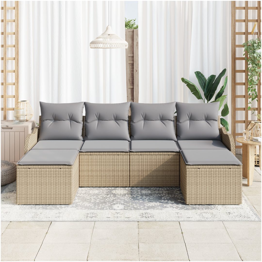 6-delat trädgårdsoffapaket med kuddar beige poly rotting vidaXL Stor – bild 3