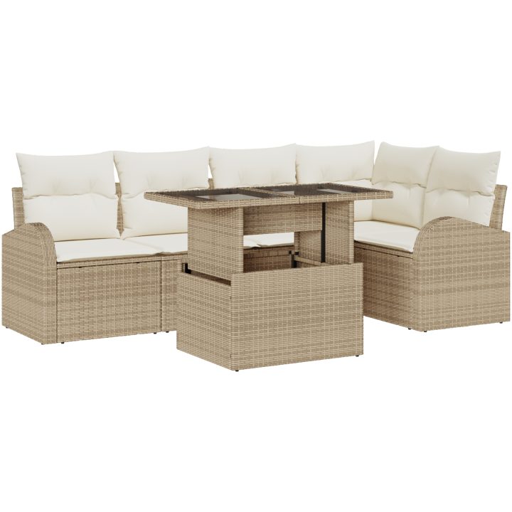 6-delat trädgårdsoffas-set med kuddar i beige poly-rattan vidaXL 100 x 55 x 73 cm – bild 2