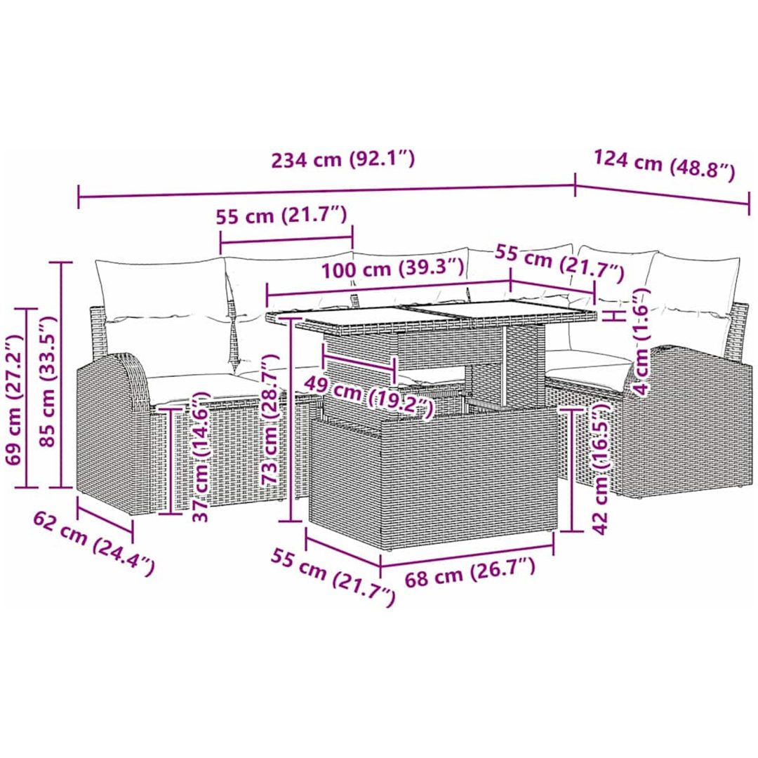 6-delat trädgårdsoffas-set med kuddar i beige poly-rattan vidaXL 100 x 55 x 73 cm – bild 11
