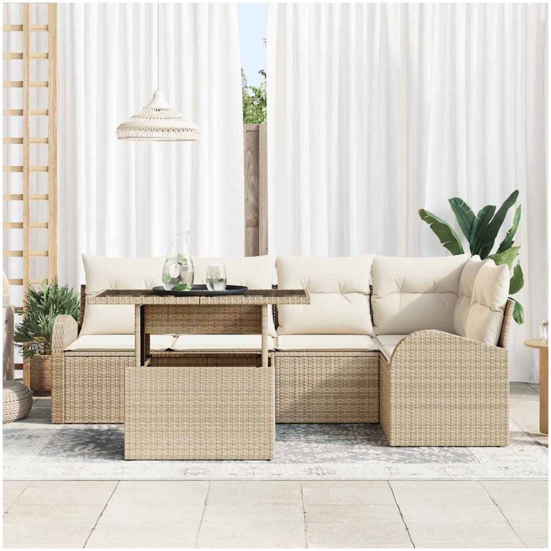 6-delat trädgårdsoffas-set med kuddar i beige poly-rattan vidaXL 100 x 55 x 73 cm – bild 3