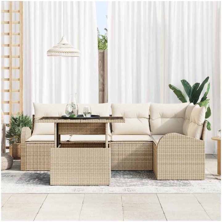 6-delat trädgårdsoffas-set med kuddar i beige poly-rattan vidaXL 100 x 55 x 73 cm – bild 3