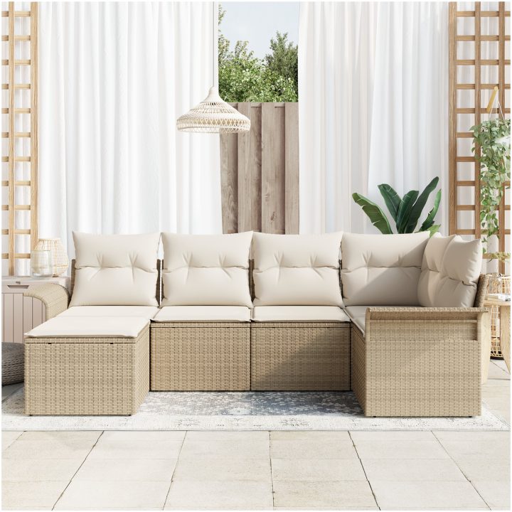 6-delat trädgårdsoffaset med dynor beige poly rotting vidaXL 242.5 x 132.5 x 85 cm – bild 3