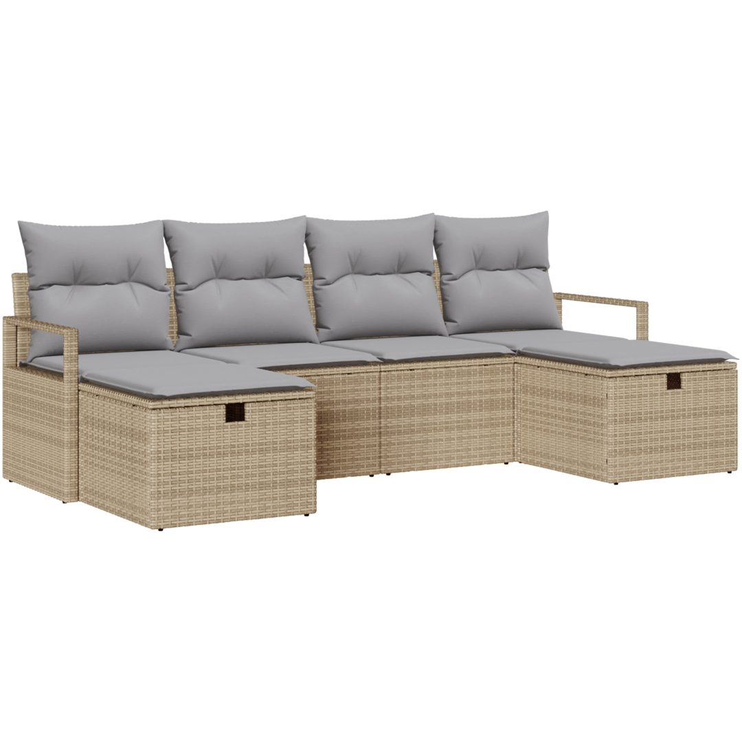 6-delat trädgårdsoffaset med kuddar beige poly-rotting vidaXL Stor – bild 2