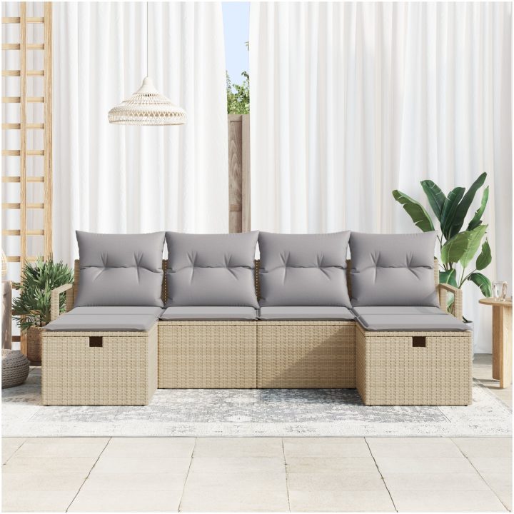 6-delat trädgårdsoffaset med kuddar beige poly-rotting vidaXL Stor – bild 3
