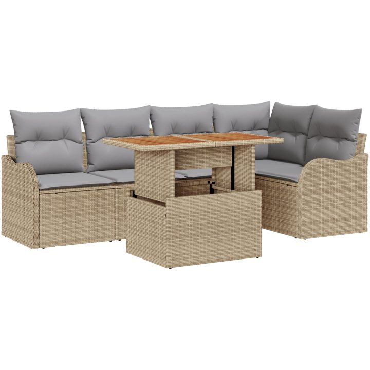6-delat trädgårdsoffaset med kuddar Beige Poly Rottning vidaXL Medel – bild 2