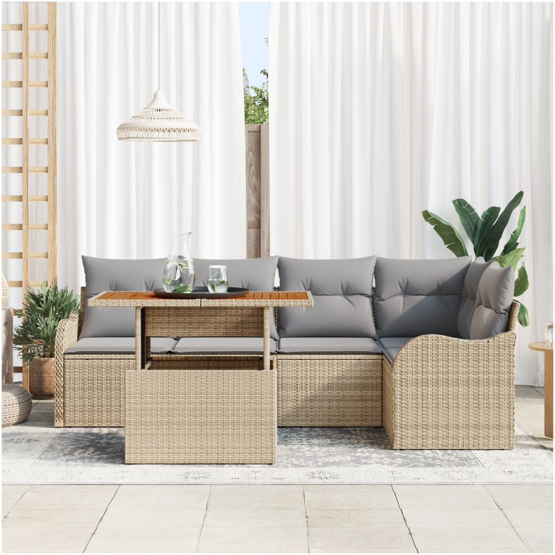 6-delat trädgårdsoffaset med kuddar Beige Poly Rottning vidaXL Medel – bild 3