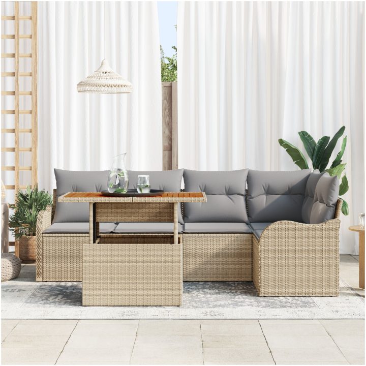6-delat trädgårdsoffaset med kuddar Beige Poly Rottning vidaXL Medel – bild 3