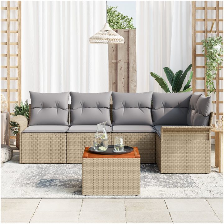 6-delat trädgårdsoffaset med kuddar Beige Polyrotting Akacia vidaXL 55 x 55 x 37 cm – bild 3