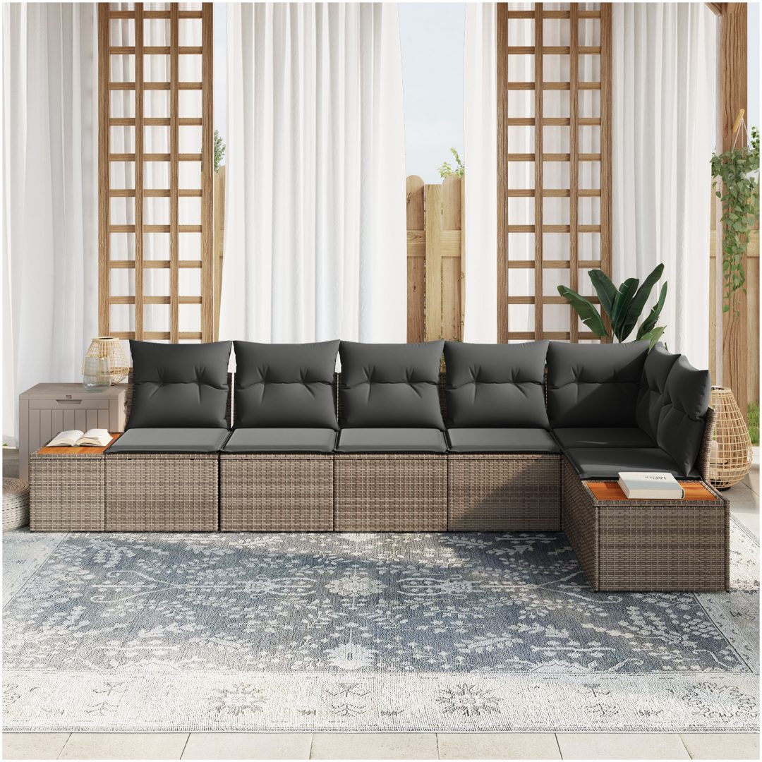 6-delat Trädgårdsoffaset med kuddar Grå Poly Rattan Akacia vidaXL 319 x 154 x 69 cm – bild 3