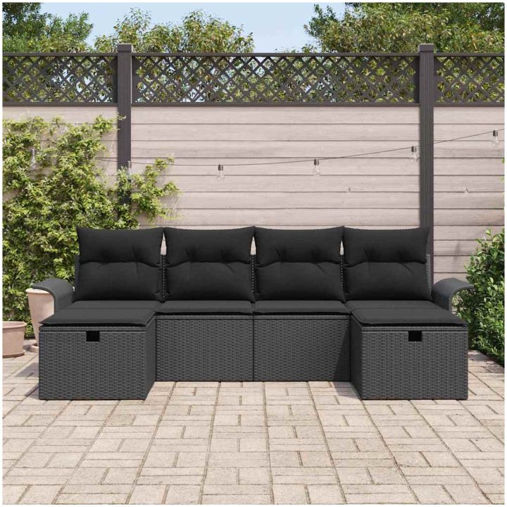 6-delat trädgårdsoffaset med kuddar svart poly rotting vidaXL 251 x 117 x 85 cm – bild 3