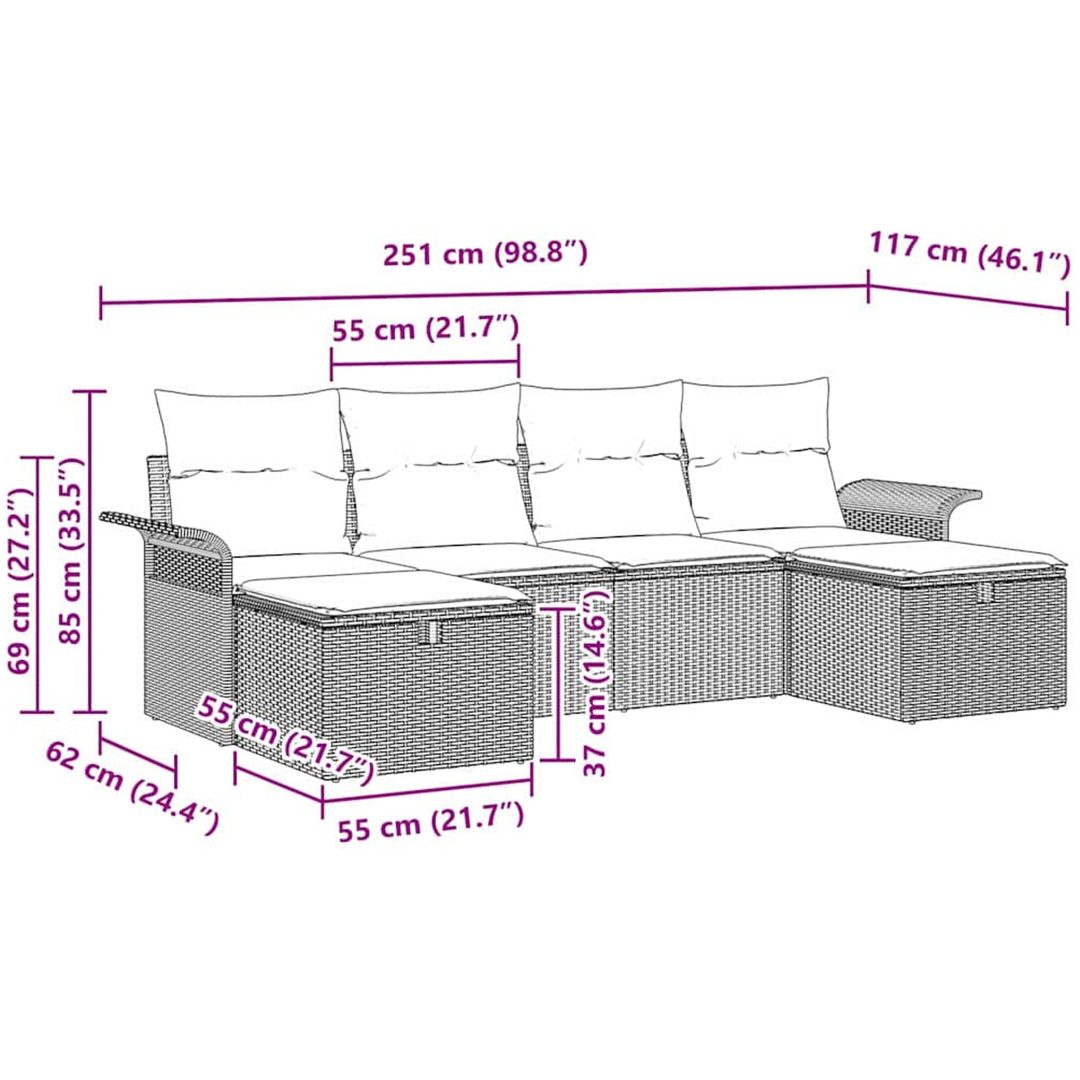 6-delat trädgårdsoffaset med kuddar svart poly rotting vidaXL 251 x 117 x 85 cm – bild 9