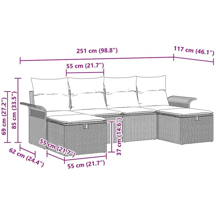 6-delat trädgårdsoffaset med kuddar svart poly rotting vidaXL 251 x 117 x 85 cm – bild 9