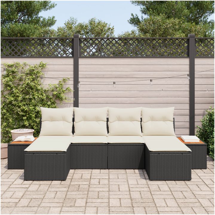 6-delat trädgårdsoffaset med kuddar Svart polyrotting och acacia vidaXL 294 x 117 x 69 cm – bild 3