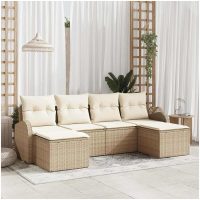6-delat Trädgårdsoffasett med Kuddar Beige Poly Rattan vidaXL