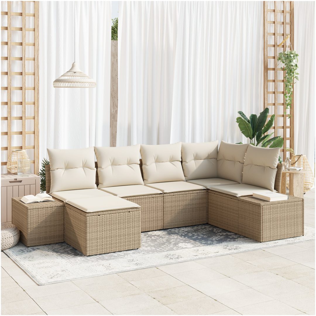 6-delat trädgårdsoffasett med kuddar - Beige poly rotting vidaXL 184 x 62 x 85 cm