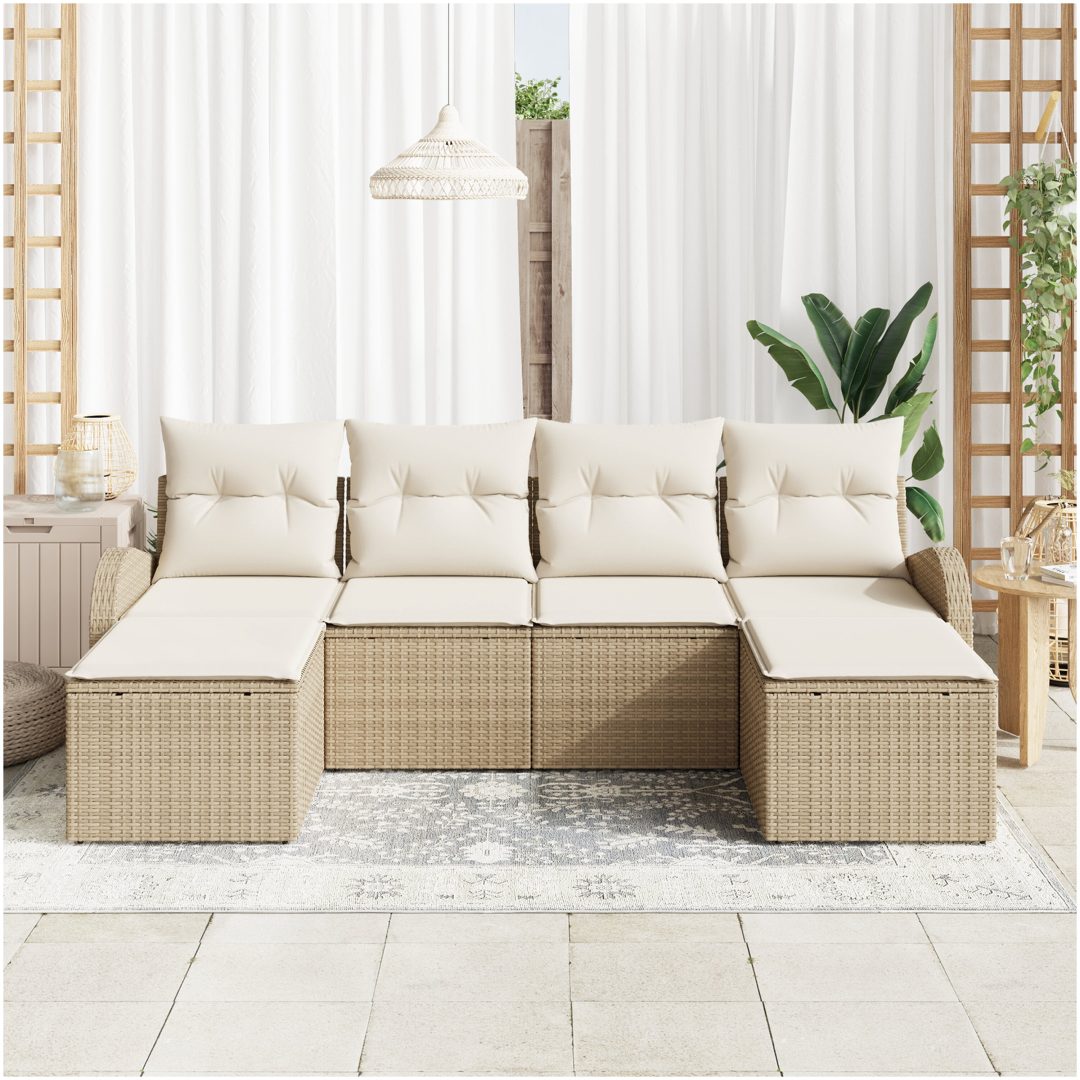 6-delat Trädgårdsoffasett med kuddar Beige Polyrotting vidaXL Stor – bild 3