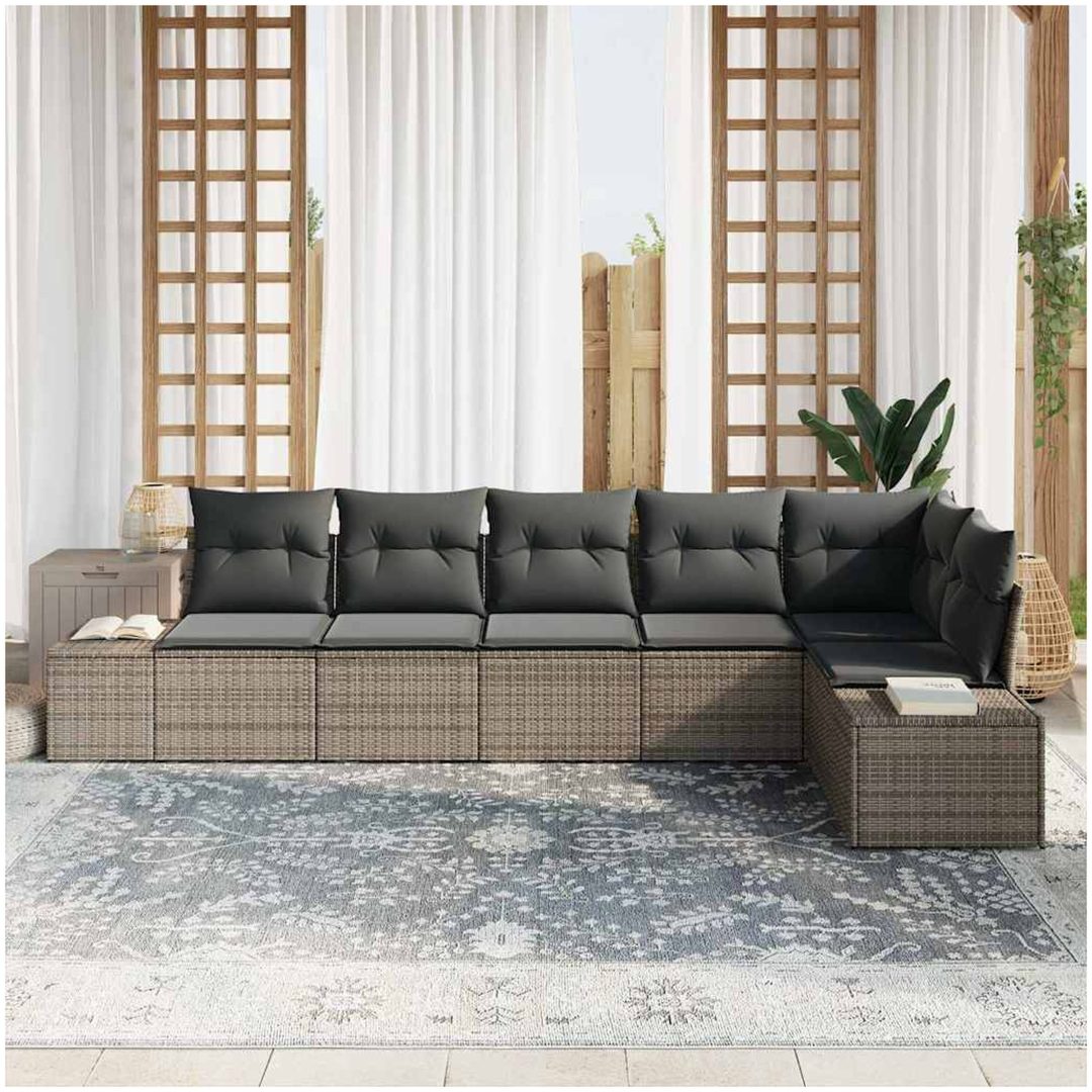 6-delat trädgårdsoffasett med kuddar grå poly rattan vidaXL 184 x 62 x 85 cm – bild 3