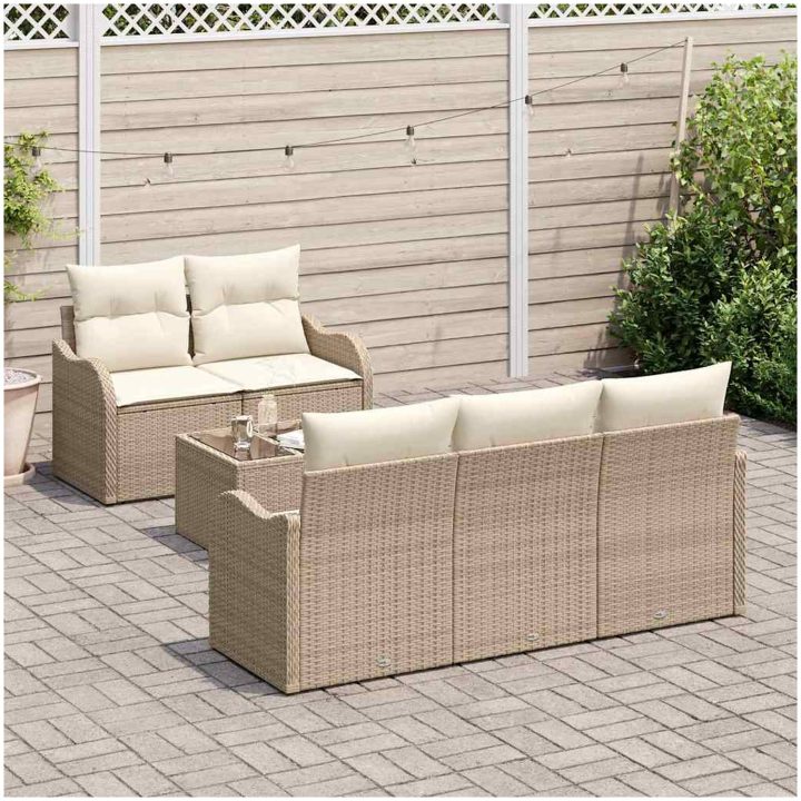 6-delat trädgårdsoffer set med kuddar beige poly rattan vidaXL Medium – bild 3