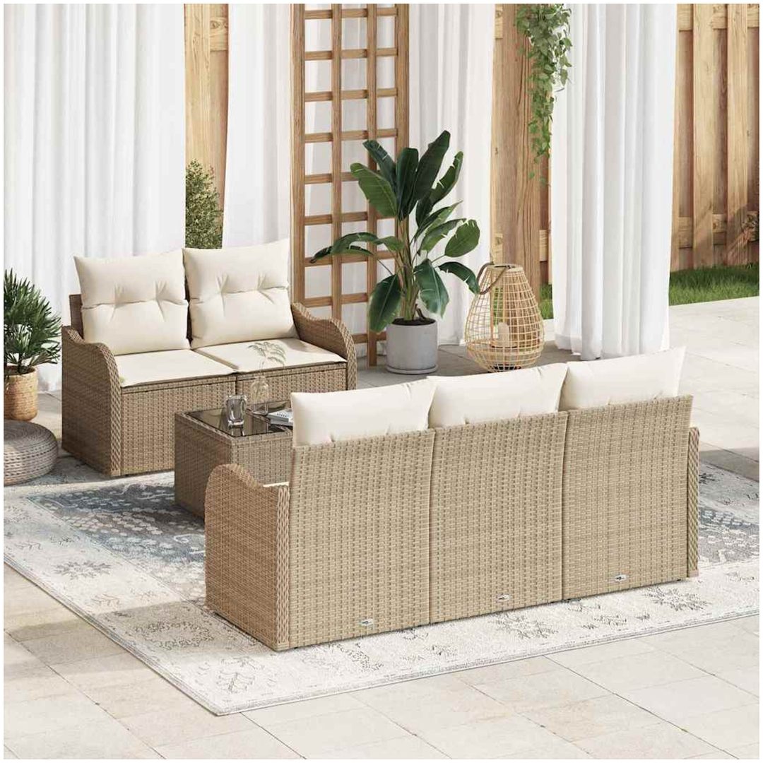 6-delat trädgårdsoffer set med kuddar beige poly rattan vidaXL Medium