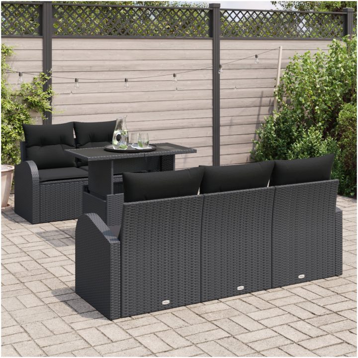 6-delat trädgårdsoffset med dynor svart poly rattan vidaXL Medium – bild 3