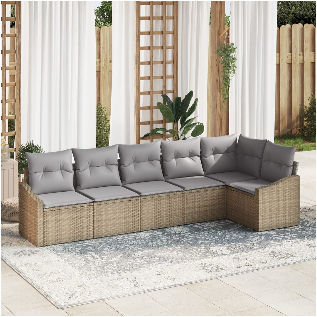 6-delat Trädgårdsoffset med Kuddar Beige Poly Rattan vidaXL 288.5 x 123.5 x 85 cm