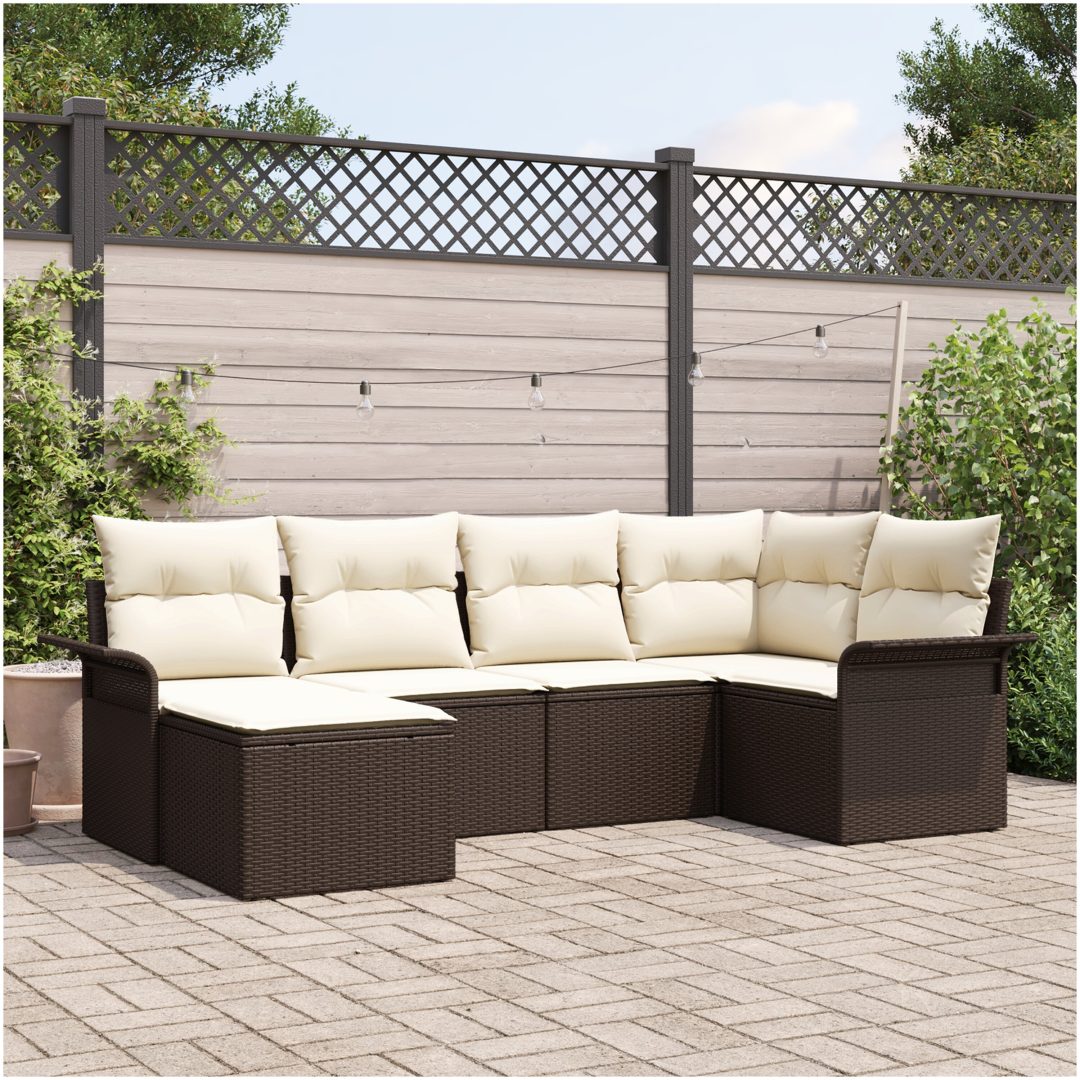 6-delat Trädgårdsoffset med Kuddar Brun Poly Rattan vidaXL 242.5 x 132.5 x 85 cm