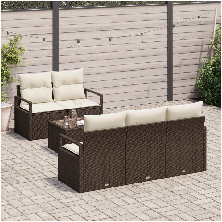 6-delat Trädgårdsoffset med Kuddar Brunt Poly Rattan vidaXL Medium – bild 3
