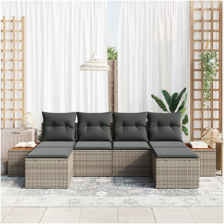 6-delat Trädgårdsoffset med kuddar Grå Poly Rattan Akacia vidaXL 294 x 117 x 69 cm – bild 3