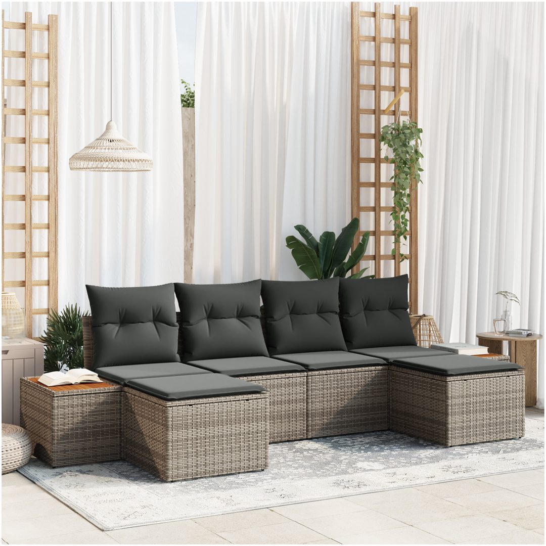 6-delat Trädgårdsoffset med kuddar Grå Poly Rattan Akacia vidaXL 294 x 117 x 69 cm