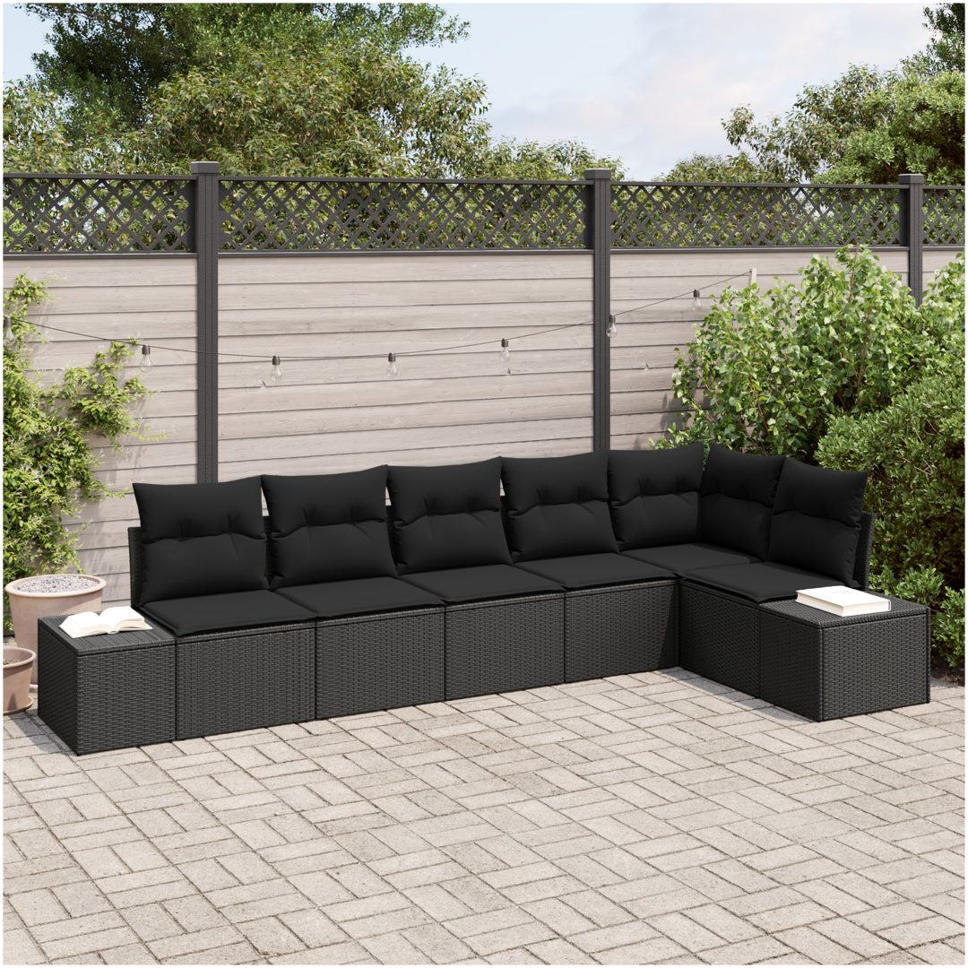 6-delat Trädgårdsoffset med Kuddar Svart Poly Rattan vidaXL 184 x 62 x 85 cm