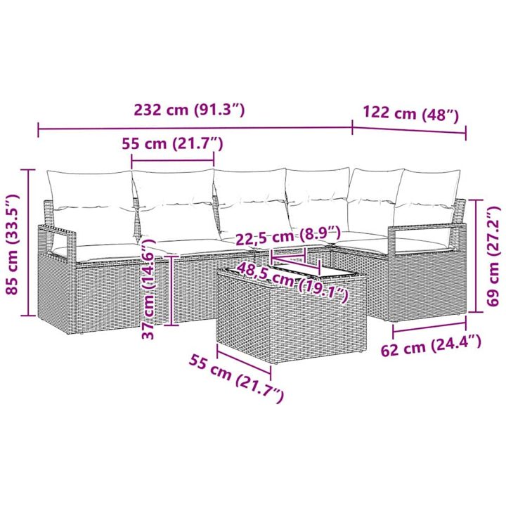 6-delat Trädgårdsoffsset med Kuddar Brunt Poly Rattan vidaXL Singel, mellan, 120 x 62 x 69 cm, kompakt – bild 9
