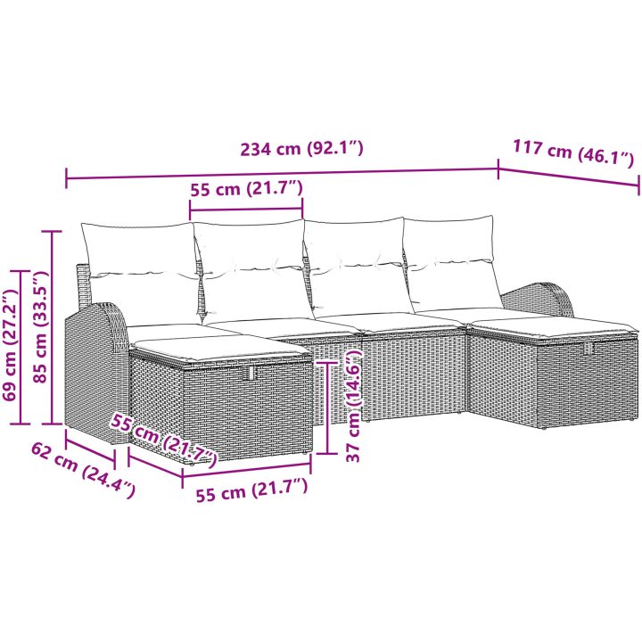 6-delat trädgårdsofsset med kuddar Beige Poly Rattan vidaXL 234 x 117 x 85 cm – bild 9