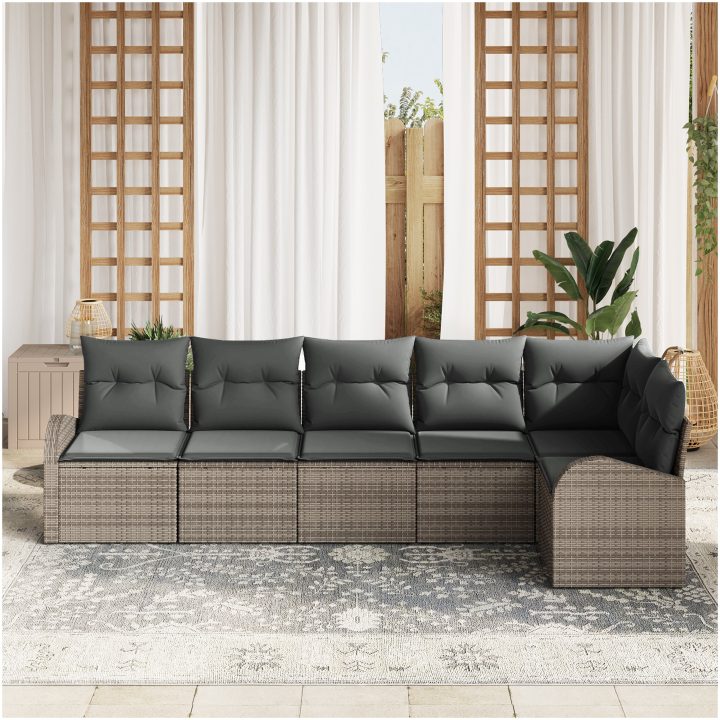 6-delat trädgårdssofa set med kuddar grå polyrotting vidaXL 289 x 124 x 85 cm – bild 3