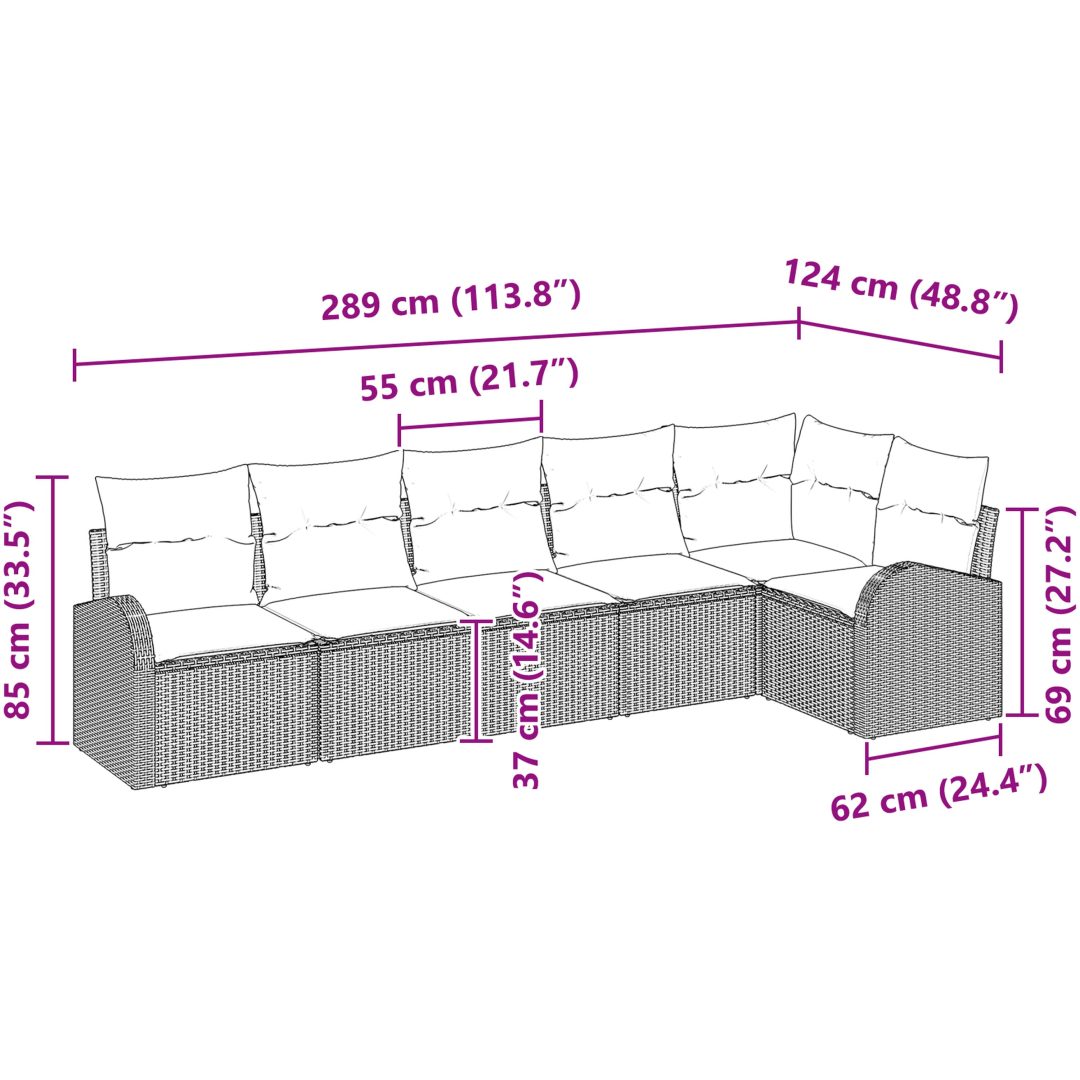 6-delat trädgårdssofa set med kuddar grå polyrotting vidaXL 289 x 124 x 85 cm – bild 8