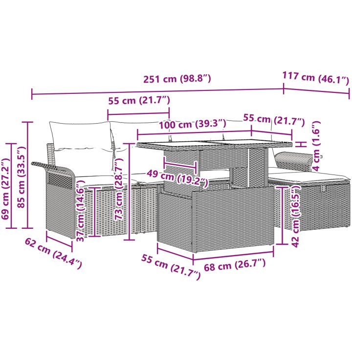 6-delat trädgårdssoffa-set med kuddar Beige Poly Rattan vidaXL 100 x 55 x 73 cm – bild 12
