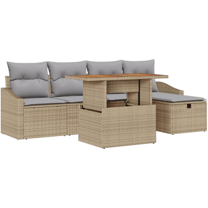 6-delat trädgårdssoffset med kuddar Beige poly konstrotting vidaXL 55 x 55 x 37 cm – bild 2