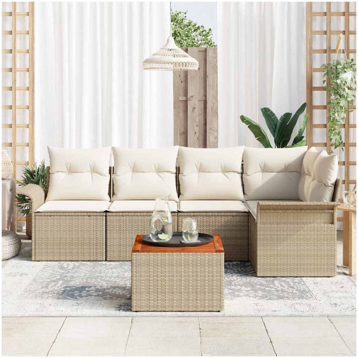 6-delat Trädgårdssoffset med kuddar Beige Poly Rattan Akacia vidaXL 55 x 55 x 37 cm – bild 3