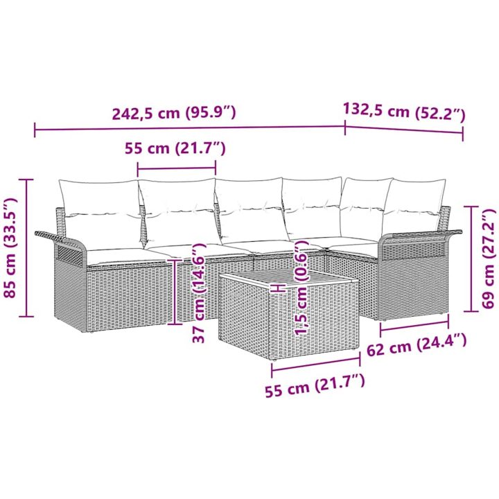 6-delat Trädgårdssoffset med kuddar Beige Poly Rattan Akacia vidaXL 55 x 55 x 37 cm – bild 9