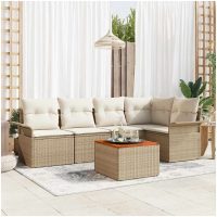6-delat Trädgårdssoffset med kuddar Beige Poly Rattan Akacia vidaXL