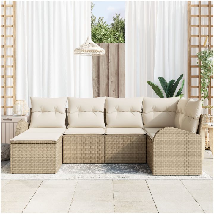 6-delat trädgårdssoffset med kuddar beige poly rattan vidaXL Stor – bild 3