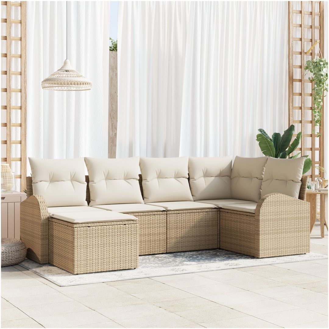 6-delat trädgårdssoffset med kuddar beige poly rattan vidaXL Stor