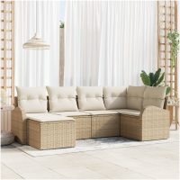 6-delat trädgårdssoffset med kuddar beige poly rattan vidaXL