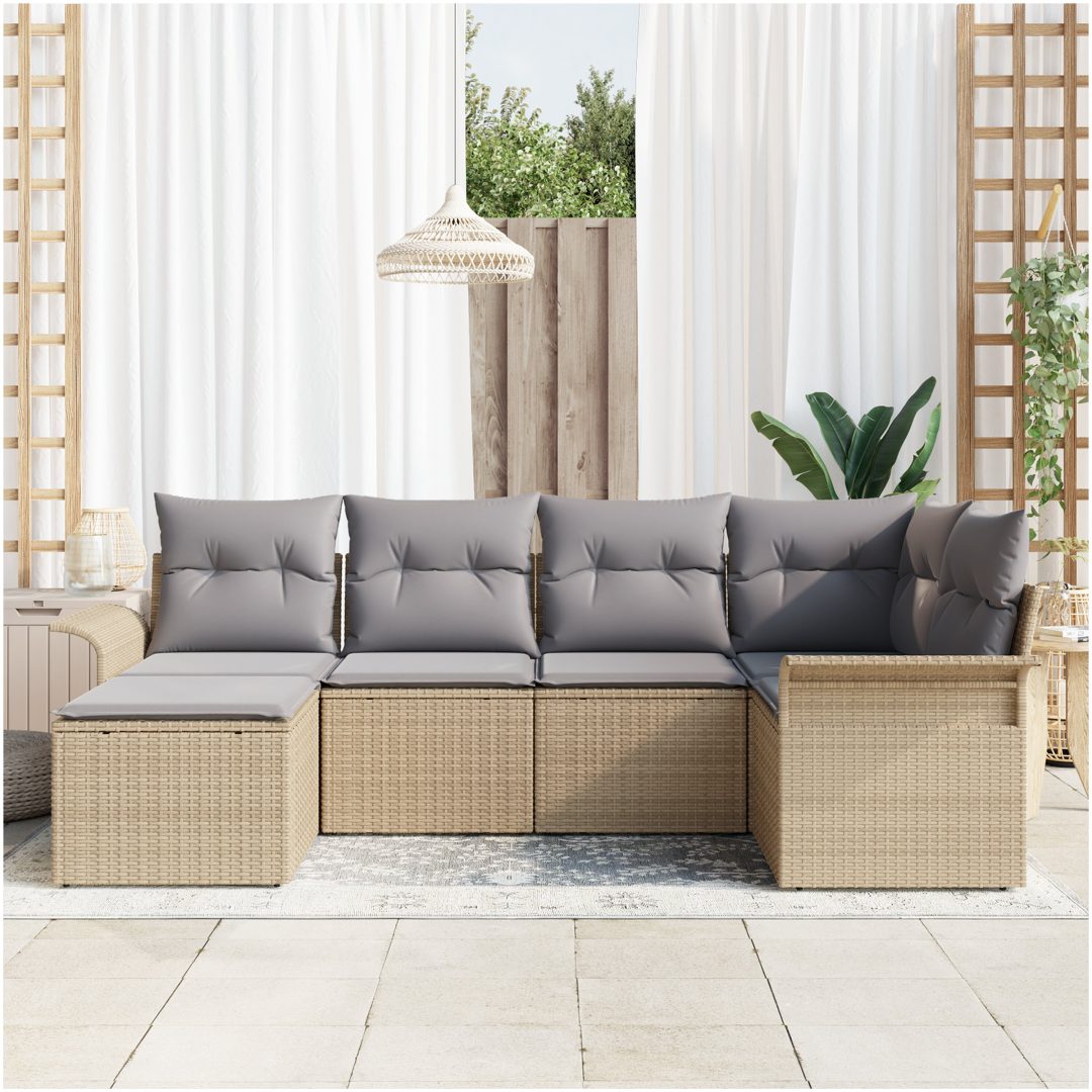 6-delat trädgårdssoffset med kuddar beige poly rotting vidaXL Stor – bild 3