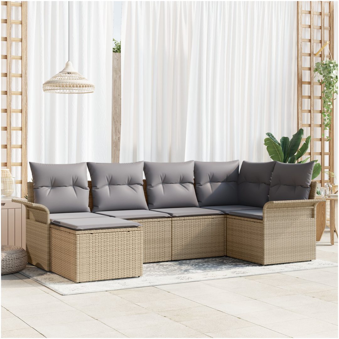 6-delat trädgårdssoffset med kuddar beige poly rotting vidaXL Stor