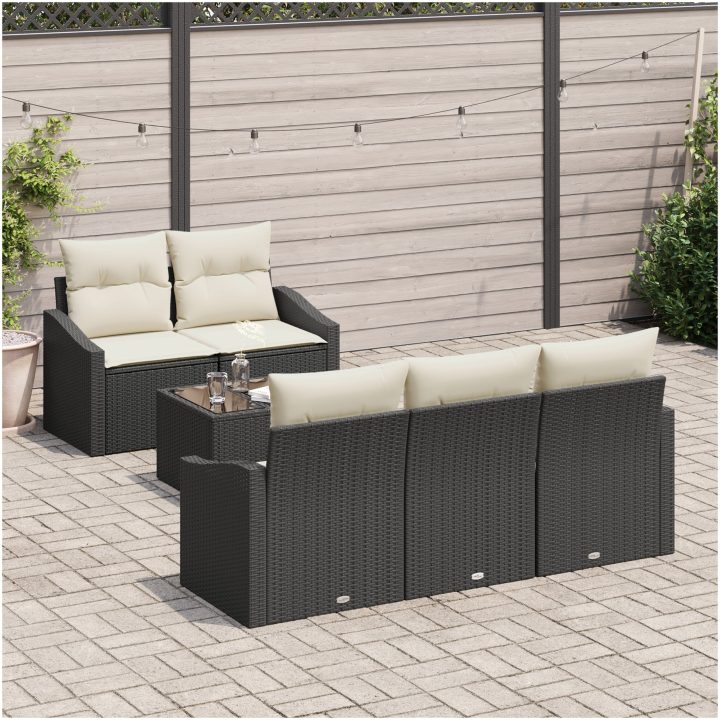 6-delat Trädgårdssoffset med Kuddar i Svart Poly Rattan vidaXL 55 x 55 x 37 cm – bild 3